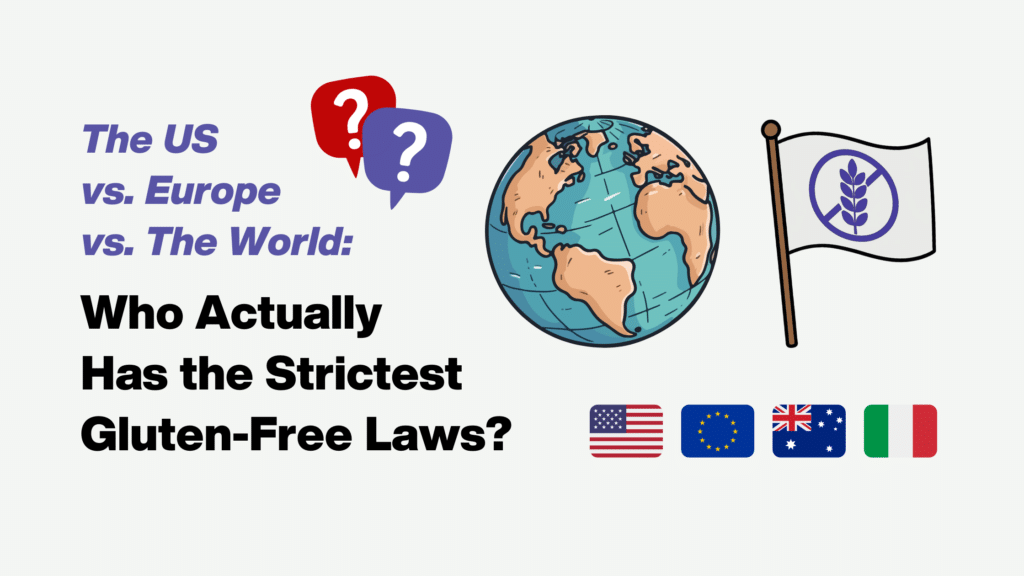 Illustration comparing global gluten-free standards with a globe, a gluten-free flag, and national flags of the US, EU, Australia, and Italy.